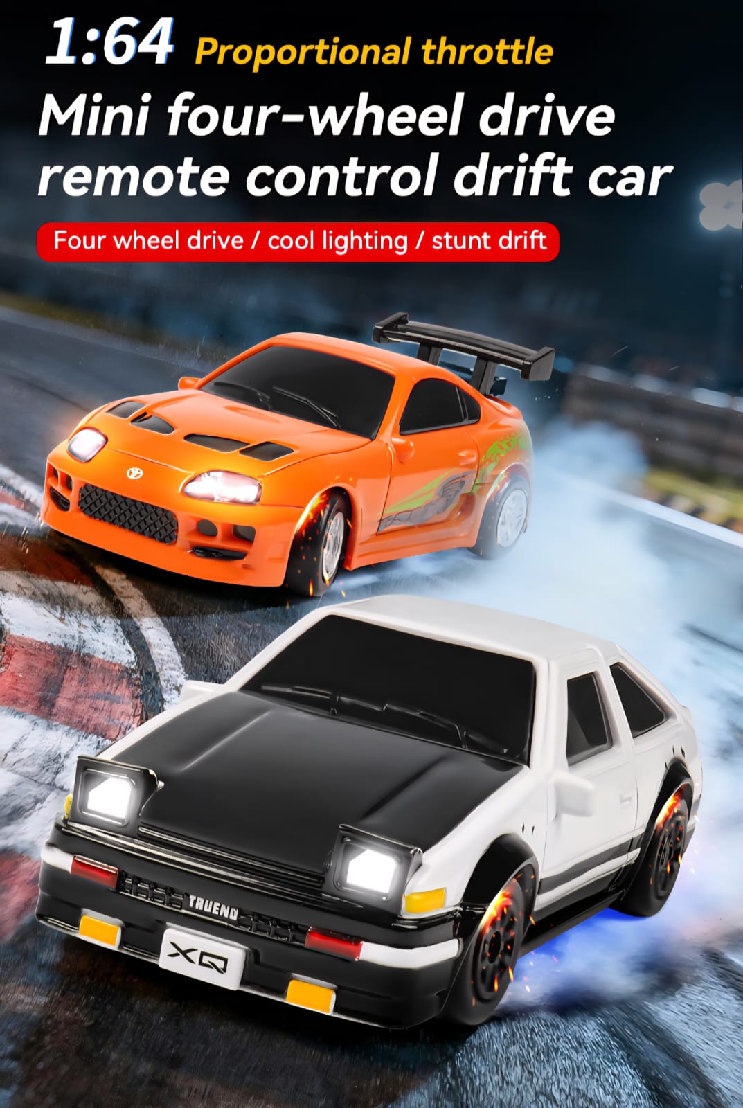 Mini Auto RC Drift Proporcional 1:64 – Supra Naranja – Control 2.4G, Luces LED y Kit de Obstáculos