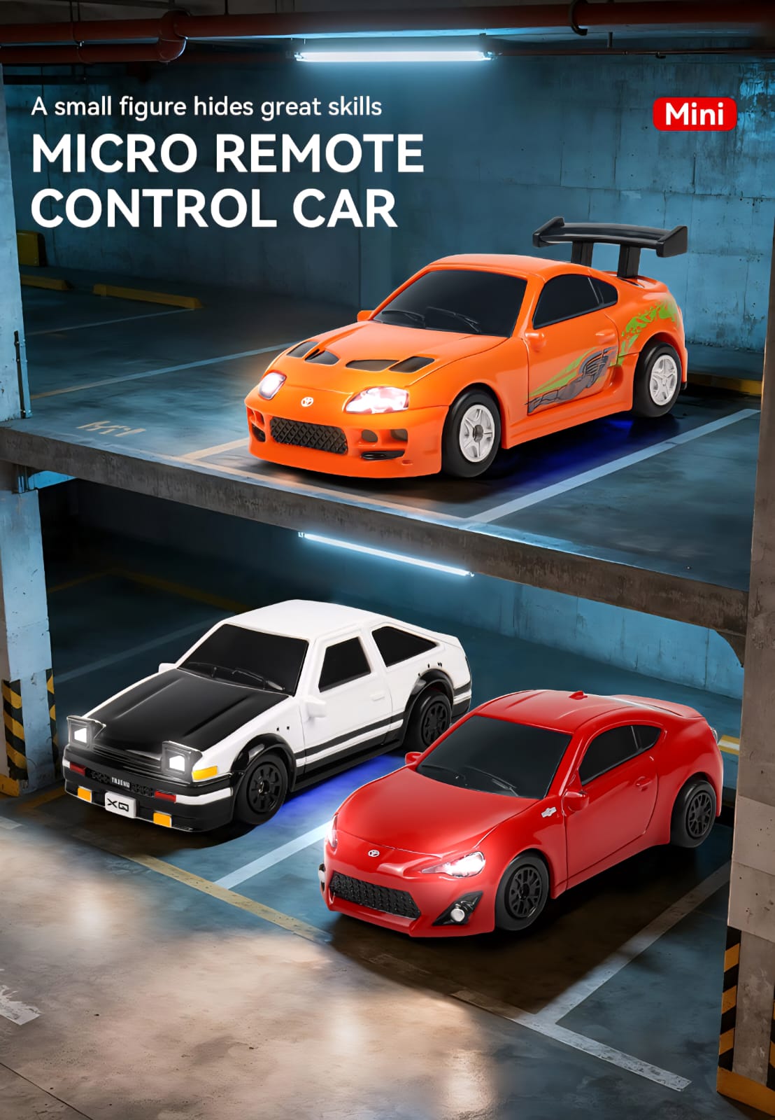 Mini Auto RC Drift Proporcional 1:64 – Supra Naranja – Control 2.4G, Luces LED y Kit de Obstáculos