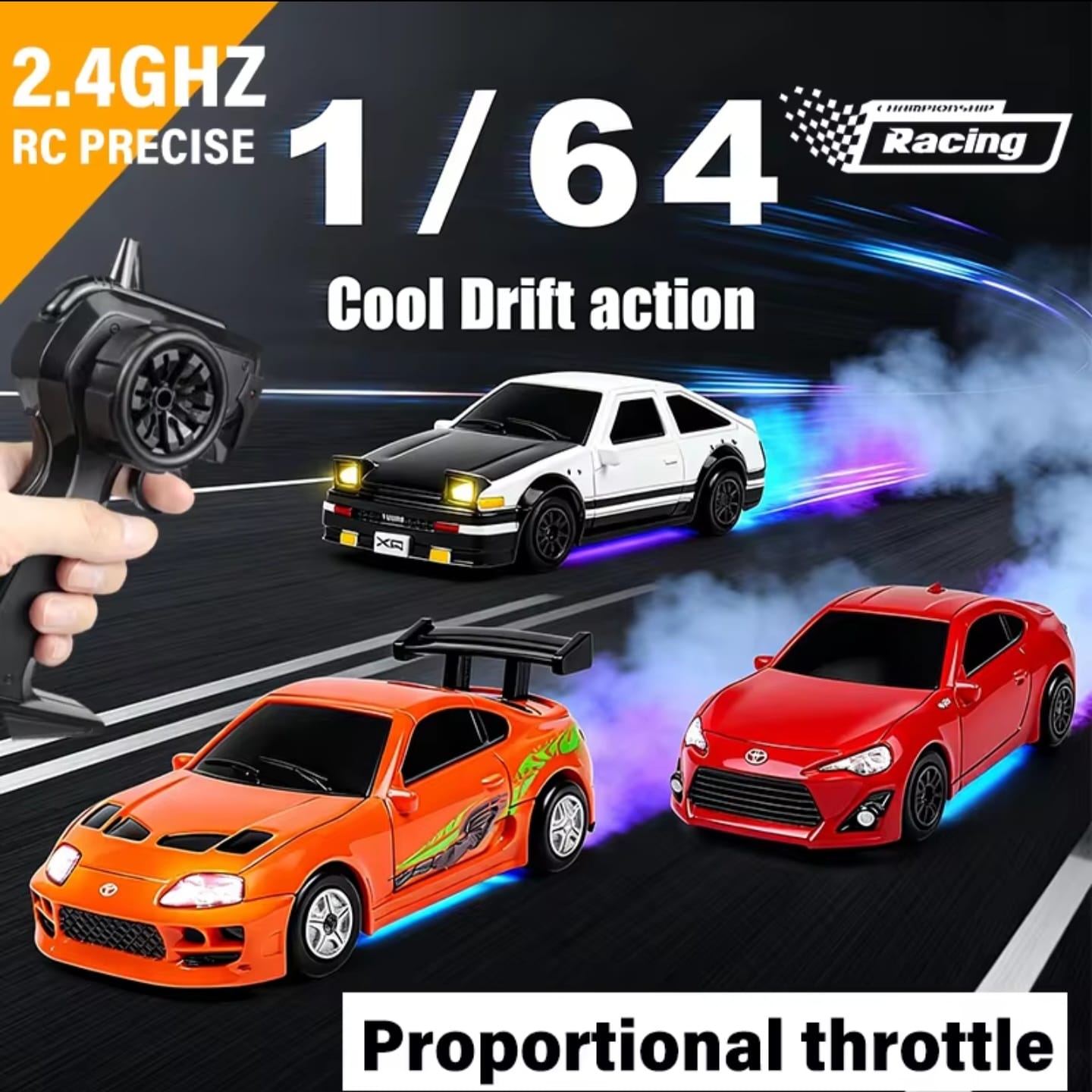 Mini Auto RC Drift Proporcional 1:64 – Supra Naranja – Control 2.4G, Luces LED y Kit de Obstáculos